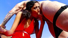 Big tits milf wife bends over in fishnets and heels for deep anal fingering and doggystyle fucking on beach