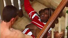 Ebony cheerleader bends over for hardcore interracial blowjob and doggystyle fuck.