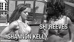 shannon and shi ended up with cum covering their big tits after the intense session on the bed in lingerie and fishnets.