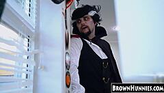 chocolate teen 18+ beauty gets her petite pussy in stockings and heels TREATED for halloween