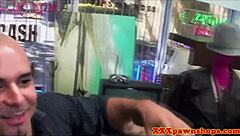 Pawnshop lady, suck my cock deep now before I bend you over for intense doggystyle pounding