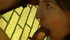 Babe boldly sucking huge black cock behind her apartment in public and swallowing every drop of cum