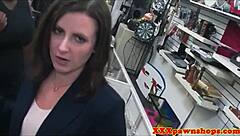Pawnshop lady, suck my cock deep now before I bend you over for intense doggystyle pounding