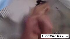 Hey, Christiana's just glittering up her shower and bathtub area, looking all nude and bubbly in the pool solo!