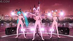 Whoa, Hatsune Miku, Rin, and Luka rock full nude bunny costumes in this wild cum-filled goddess session! 🐰