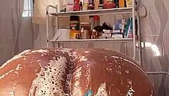 African ebony whore Ruzzyde uses dildo on big ass and boobs in bathroom shower. Pussy gets wet and ready for sexy bathing action.