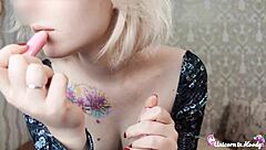 Blonde Babe with Perfect Big Tits Gives Close-Up Blowjob to Monster Cock. Tattoo Beauty Takes Deepthroat Handjob and Cum on Tits in POV