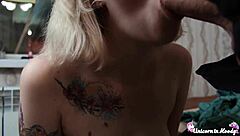 Blonde Babe with Perfect Big Tits Gives Close-Up Blowjob to Monster Cock. Tattoo Beauty Takes Deepthroat Handjob and Cum on Tits in POV