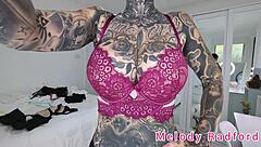 melody radford tries on black and purple lingerie plus micro bikini in this solo haul