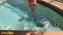 Hey, check out my wife flashing her big tits in the hotel pool during our daring public exhibitionist adventure.