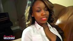 Abigail, the exotic brunette coed, says, Watch me insert this big dildo into my shaved ebony pussy for some solo toy action.