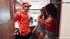 Asian Cheerleader Joins Brunette In FFM Threesome With Blowjob Handjob And Cumshot Facial