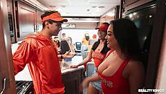 Asian Cheerleader Joins Brunette In FFM Threesome With Blowjob Handjob And Cumshot Facial