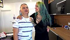 An older man gets subdued by two tall tattooed women in a femdom facesitting group scene - TRAILER.