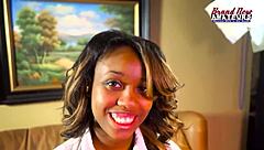 Abigail, the exotic brunette coed, says, Watch me insert this big dildo into my shaved ebony pussy for some solo toy action.