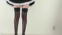 Japanese woman in stockings and heels crushes a hamburger under her feet in fetish food play