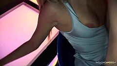 as the night winds down this shaved pussy blonde slut in lingerie gets plowed by big cock with facial cum