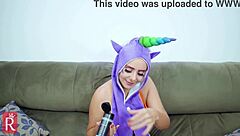 Blonde milf in unicorn costume explores solo play with massive anal toy in wild cosplay session