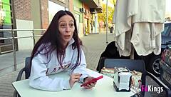 This petite spanish nympho flashes in public, squeezes a 10-inch cock in the shower, then gets bent over for deepthroat and doggystyle pounding