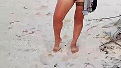Exhibiting on Mexican beach showing tits and ass in lingerie