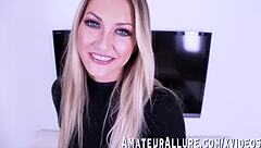 Hot blonde pornstar Adira Allure gives deepthroat blowjob and gets fucked by big cock