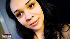 Skinny Brunette Coed Sabrina Gives Deepthroat Blowjob in Lingerie and Swallows Cumshot in POV Domination.