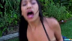 this bangable asian with saggy tits gets an outdoor pussy smacking session in bent over doggystyle and cowgirl riding.