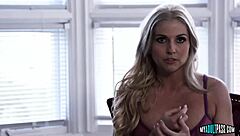 Christie Stevens deepthroats and gags on big black cock while choking in interracial scene with blonde pornstar