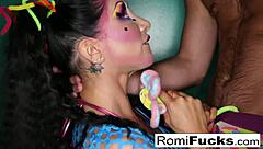 romi rain, the brunette pornstar with big tits, eagerly sucks a fat cock.