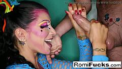 romi rain, the brunette pornstar with big tits, eagerly sucks a fat cock.