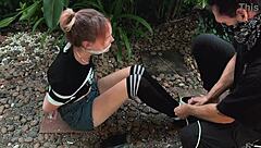 hey this beauty from the park got all tangled up in bondage outdoors and she's moaning like crazy 😏