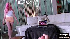 pov redhead teen with tattoos gives boyfriend a close-up handjob while talking dirty