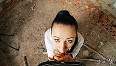 Long haired teen gets facefucked hard in abandoned building POV style!