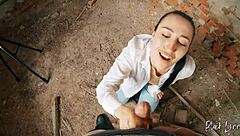 Long haired teen gets facefucked hard in abandoned building POV style!