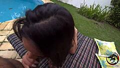 What happens when a big black cock meets Natasha Rios' tight ass by the pool for bareback action?