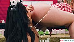 milkmaid tommy king performs detailed milking on shemales eva maxim and zariah aura with ass licking