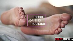 Hey, check out this beautiful small tits milf Rebecca Volpetti giving a good morning footjob.
