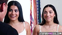 latina stepsisters take turns deepthroating and fucking their shared boyfriend's cock in a wild ffm threesome