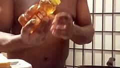 In the kitchen, Llamasr experiments with bananas and other foods after dark for an adventurous session.