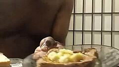 In the kitchen, Llamasr experiments with bananas and other foods after dark for an adventurous session.