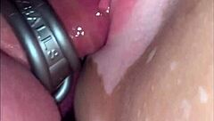 She reaches multiple orgasms through intense fucking with cum splashing on her naked tits and pussy