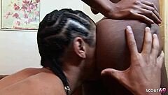 Very dark skin black girl with natural saggy tits gets picked up by big stranger