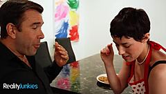 do you think this sexy housewife can handle sucking her neighbor's cock until he cums on her perky tits?