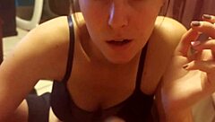 subtly enjoying a brunette babe sucking on that huge uncut cock until cum covers her