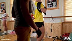 Breasty blowjob expert handles deepthroat and cumshot like a pro in cheerleader shorts