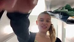 this teen bbw with big tits and ass gets wet in the changing room. she masturbates her pussy close up until orgasm.