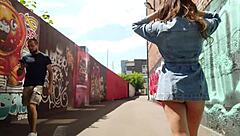 she flashes in public but keeps her shaved pussy hidden on the busy street? No way