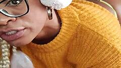 slutty latina housewife spits and swallows a big dildo in her hairy ebony pussy