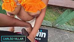 Hey, check out this hot Brazilian brunette giving an amazing deepthroat to that monster cock