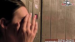 Deutsche milf gets seduced into a hot mmf threesome with double penetration in an elevator